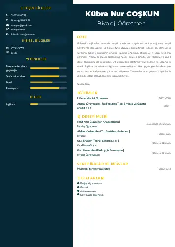 Biyoloji Öğretmeni CV Örnekleri cv indir